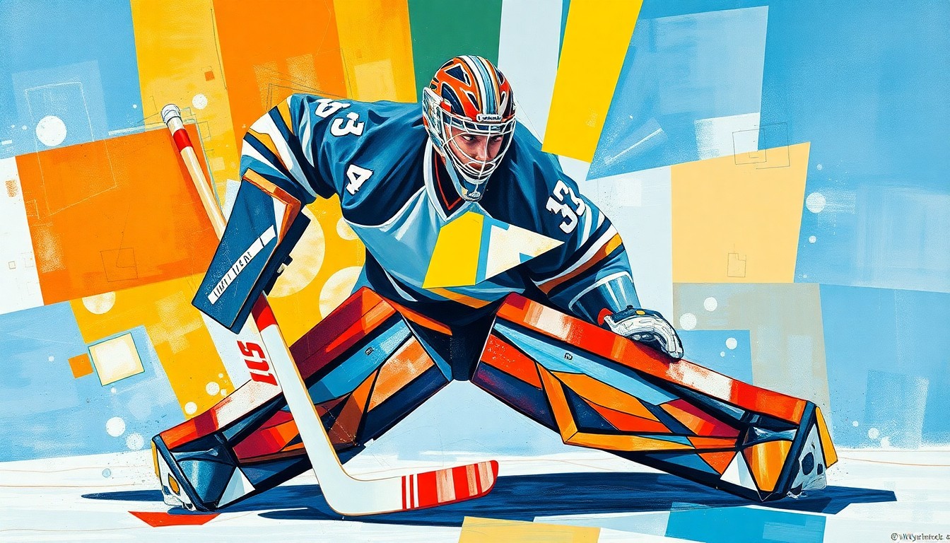 A fragmented, geometric painting depicting the abstract form of a hockey goaltender, with sharp planes of color and overlapping shapes representing the player's movements and the intensity of the final game.