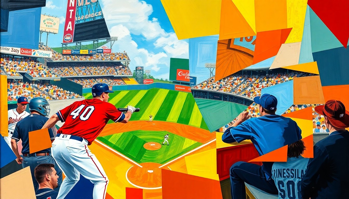 A cubist, geometric painting depicting the action and energy of a baseball game, with sharp, overlapping shapes and planes in the teams' official colors, conveying the high-stakes nature of a potential blockbuster trade.