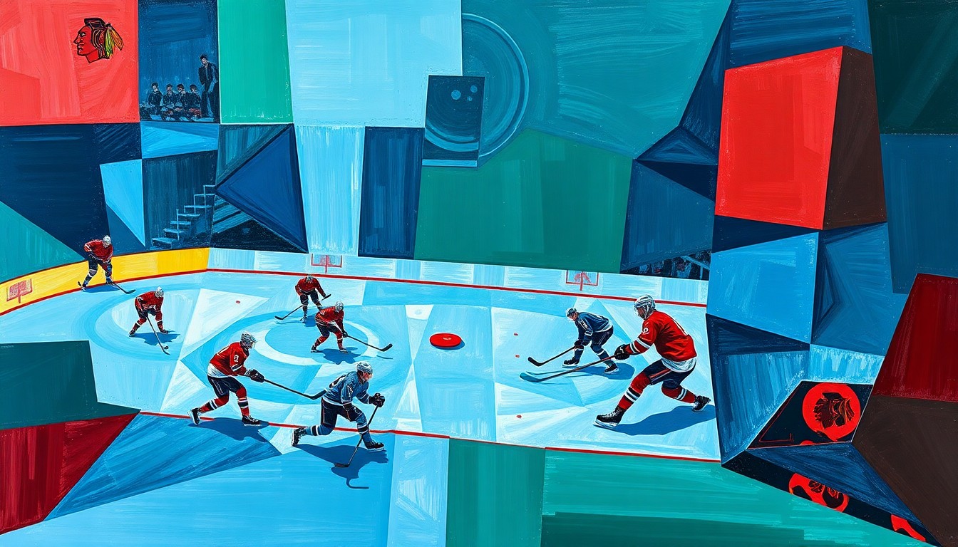 A fractured, multi-perspective painting in a cubist style, with sharp, overlapping geometric planes in shades of blue, green, and red representing the action of a hockey game, without any recognizable figures or text.