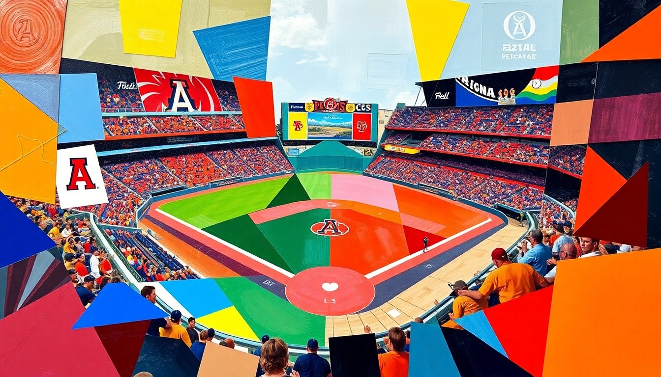 A vibrant, cubist-style painting depicting a baseball game in progress, with the players and field broken down into sharp, overlapping geometric shapes and planes of color representing the competing teams.