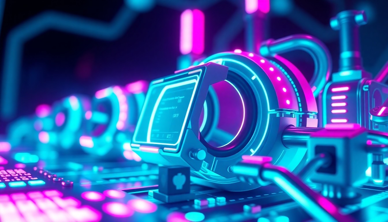 A highly detailed, 3D illustration of a futuristic AI video generation model, with various components and circuits illuminated by vibrant neon lights, conveying a sense of advanced technology and innovation.