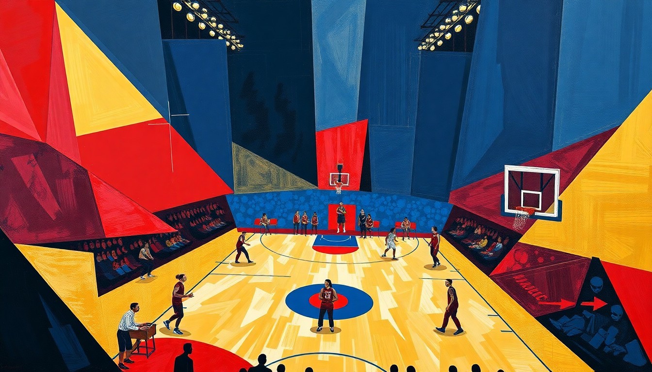 A cubist, geometric painting depicting the dynamic movements and energy of a WNBA basketball game, with overlapping planes of navy, crimson, and gold.