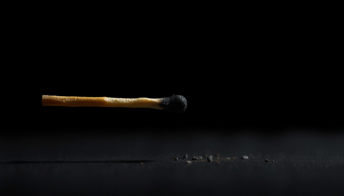 An extreme close-up of a charred matchstick against a dark background, conveying the gritty aftermath of an arson crime through stark, dramatic lighting.