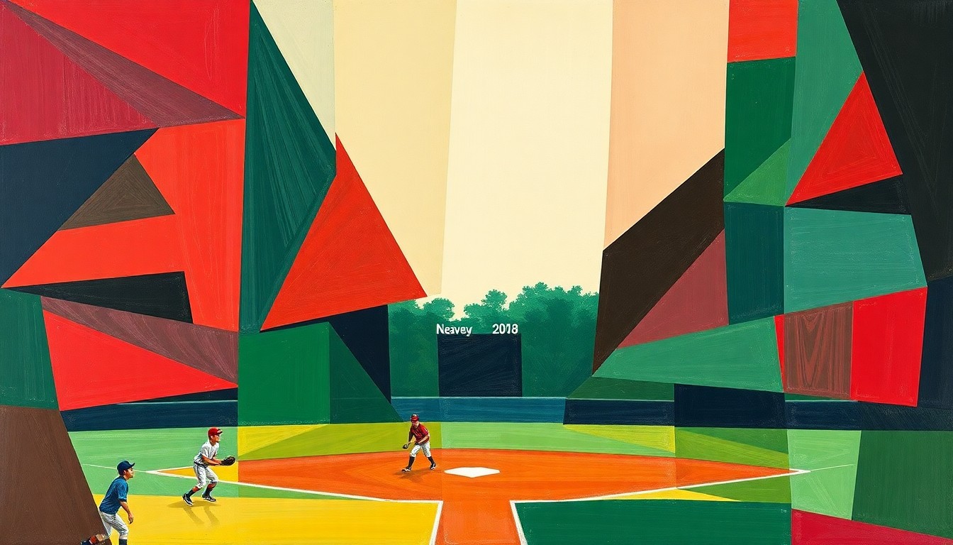 A cubist-style painting featuring overlapping geometric shapes and planes in deep red, navy blue, and forest green, conceptually representing the action and energy of a high school baseball game.