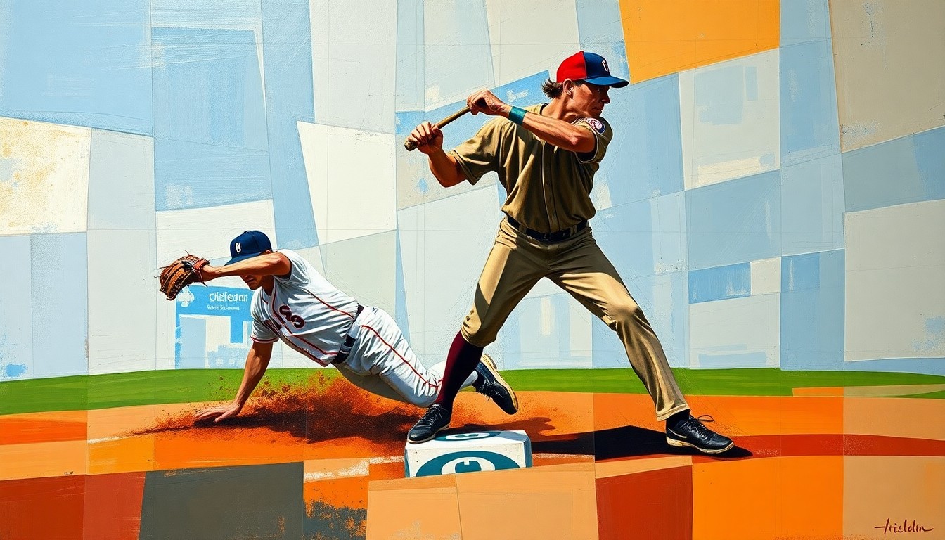 A cubist, geometric painting depicting a baseball player sliding into a base and a pitcher winding up to throw, with the figures broken down into sharp, overlapping planes of color and shape.