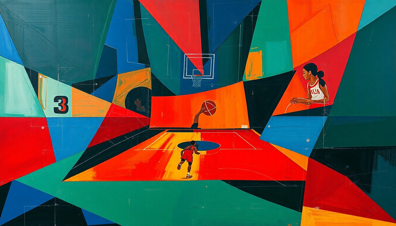 A cubist-style painting featuring overlapping geometric shapes in navy, crimson, and green, conceptually representing the dynamic movement and competition of a basketball game.
