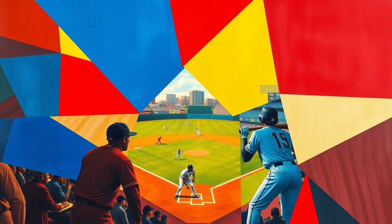 A fractured, cubist-style painting depicting a baseball game in progress, with the players and field broken down into abstract geometric shapes and planes of vibrant primary colors.
