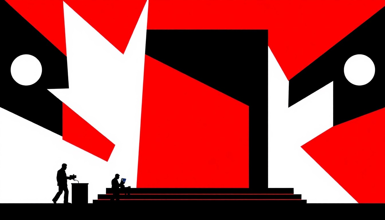 A striking abstract composition of bold geometric shapes and silhouettes in high-contrast red and black, conceptually representing the tensions within the movie theater industry.