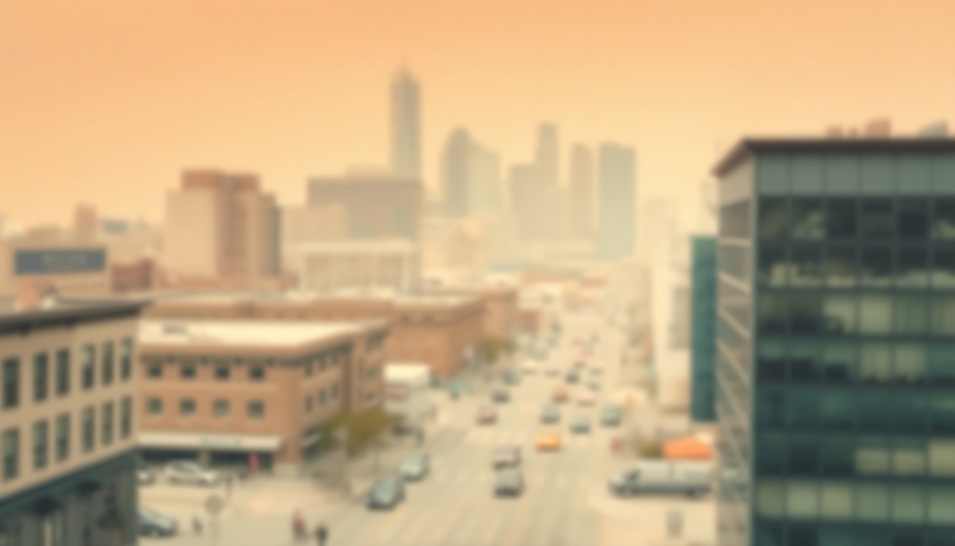 A softly blurred, impressionistic photograph depicting the bustling streets and skyline of a thriving Midwest city, with the details of individual buildings and people obscured in a dreamlike, hazy style that captures the energy and growth of the region.