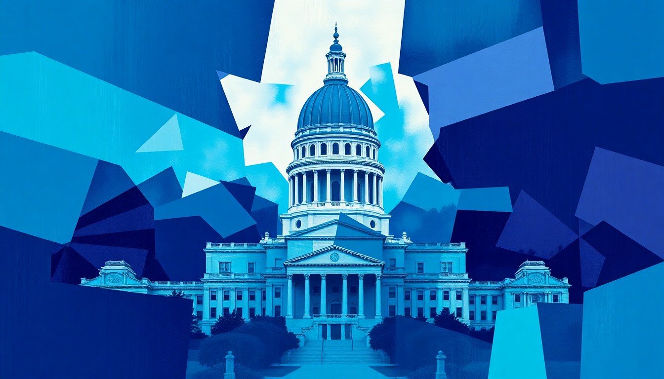 A dynamic, abstract painting featuring the Maryland State House dome and surrounding buildings in a fractured, overlapping style, conveying the chaotic energy of the legislative session's final moments.