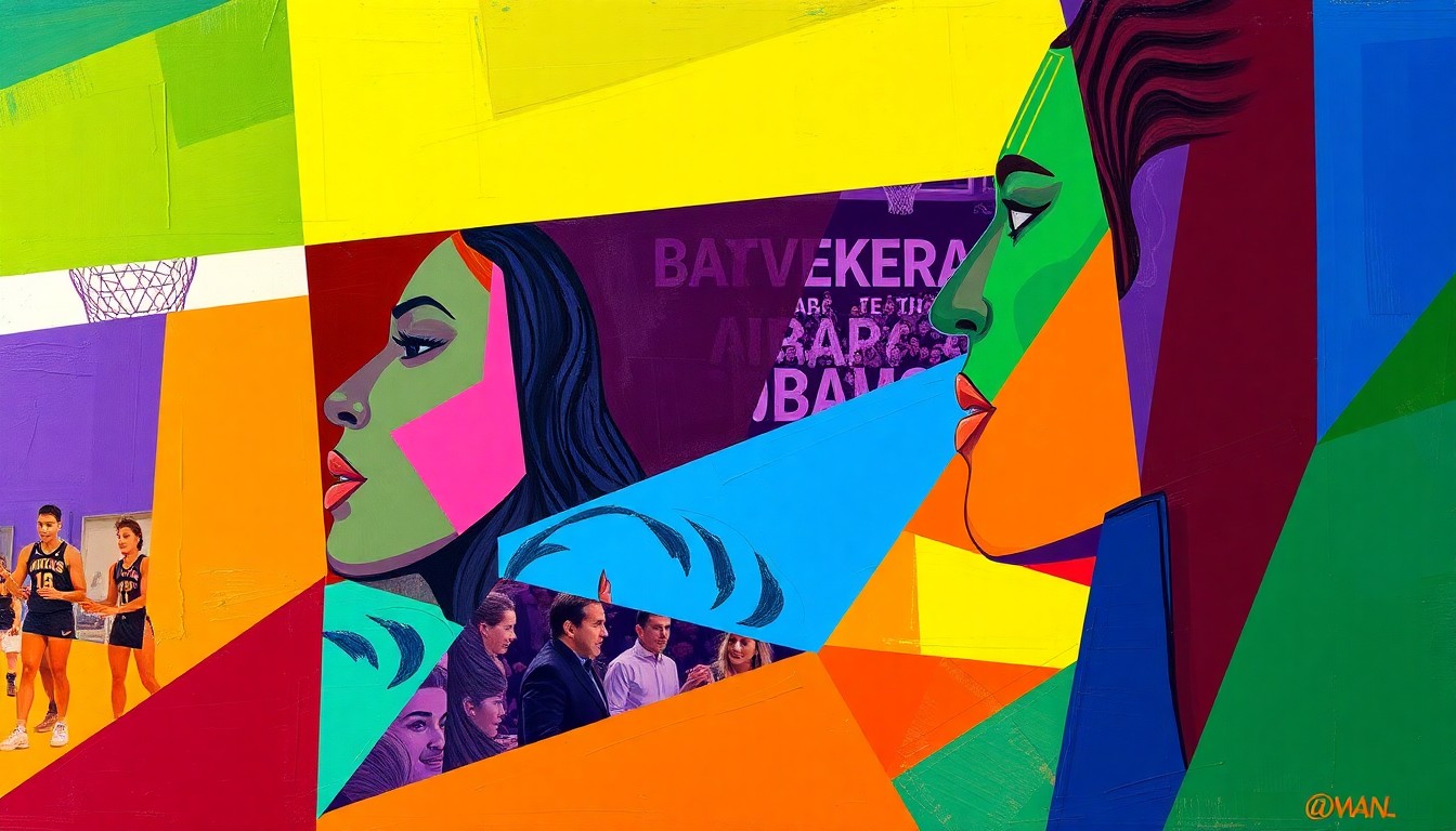 A cubist, geometric painting depicting a fragmented, multi-angled view of a WNBA basketball game or draft event, with sharp planes of color representing the dynamic energy and competitive spirit of the league.