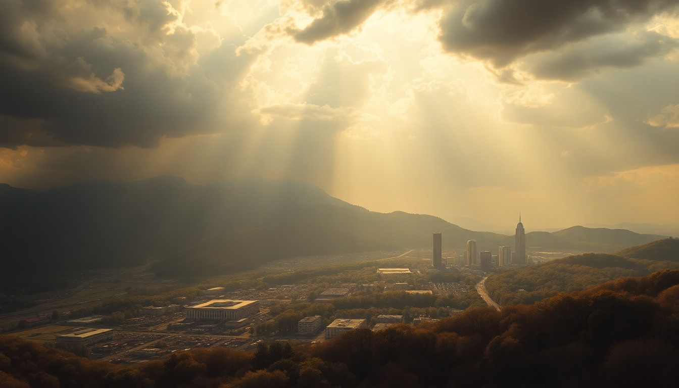 A vast, majestic landscape painting in muted tones of yellow, orange, and brown, capturing the overwhelming, sublime scale of a heatwave as it envelops the city of Raleigh in the distance, dwarfed by the oppressive, shimmering atmosphere.