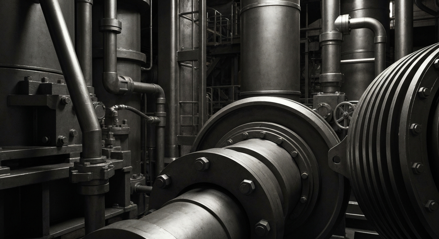 An extreme close-up of gears, pipes, and other heavy industrial machinery in shades of gray, black, and silver, conceptually representing the physical processes behind LanzaTech's carbon recycling technology.