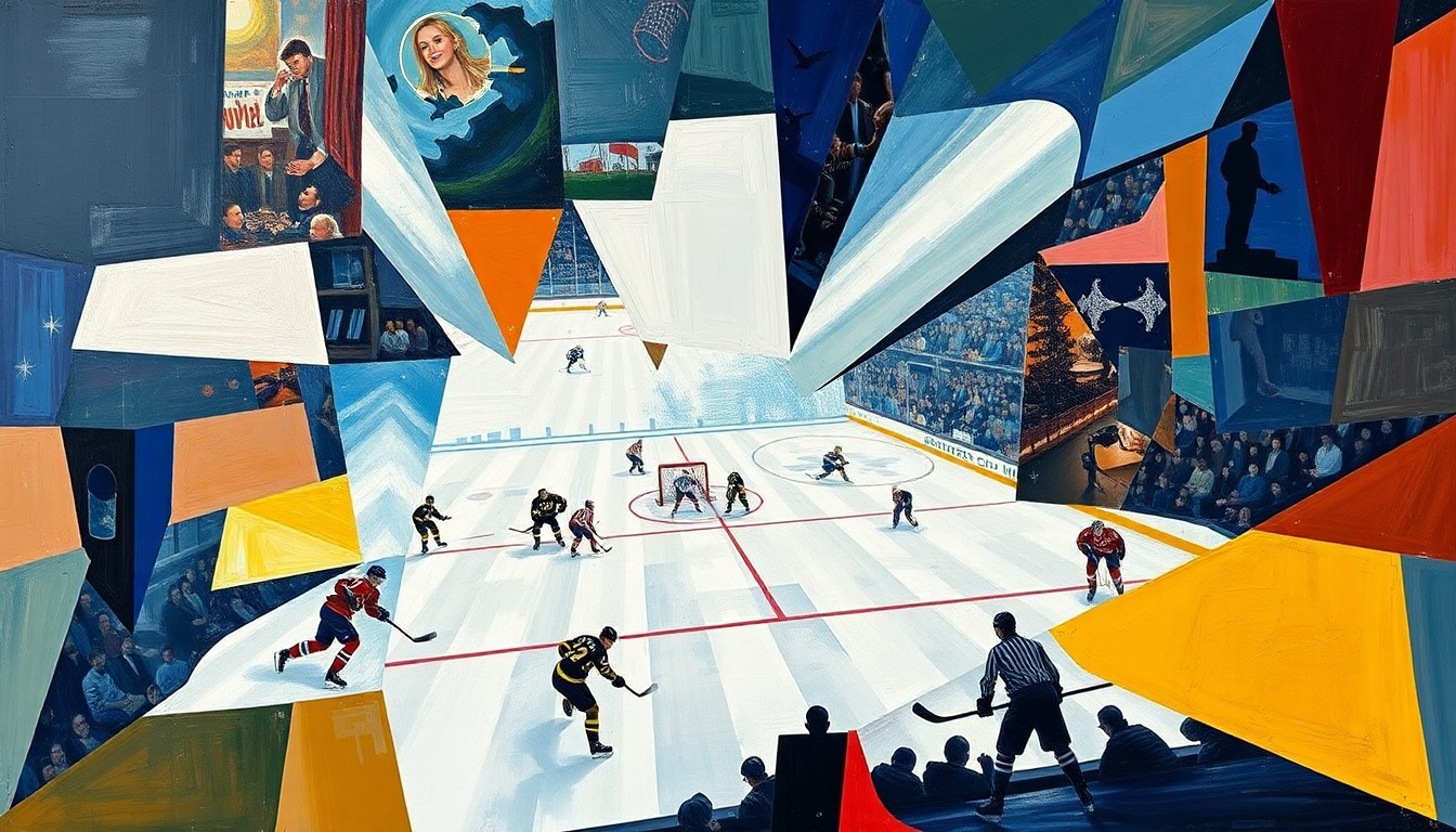 A cubist-style painting depicting a hockey player in motion, with their form broken down into overlapping geometric shapes and planes of color, conveying the dynamic energy of the sport.