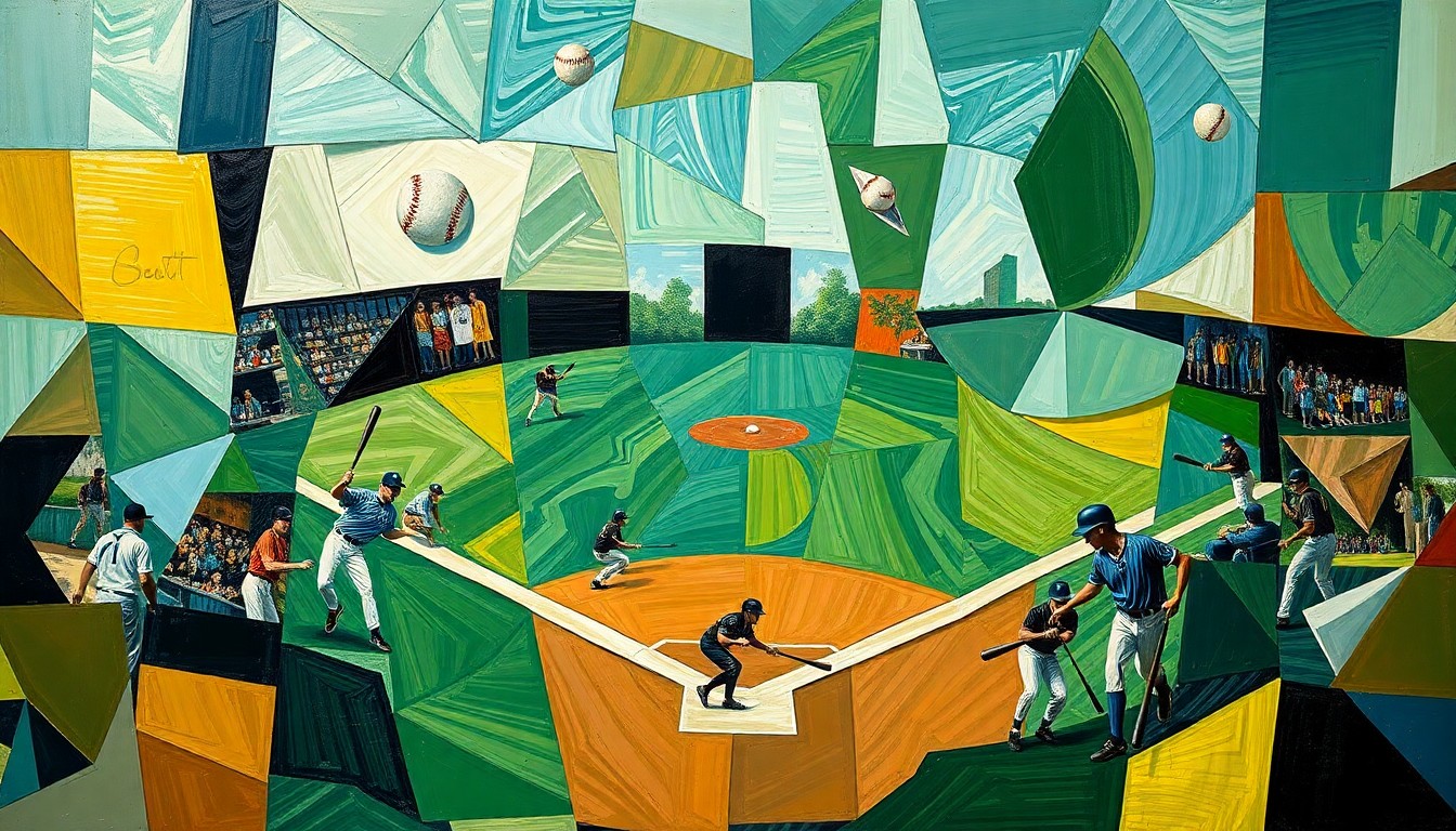 A cubist-style painting featuring overlapping geometric shapes and planes in shades of green, blue, and brown, representing the various elements of a high school baseball game in an abstract, deconstructed manner.
