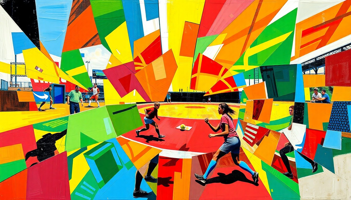 A fragmented, geometric painting in vibrant colors depicting the dynamic motion and energy of a high school softball game, with no recognizable figures or text.