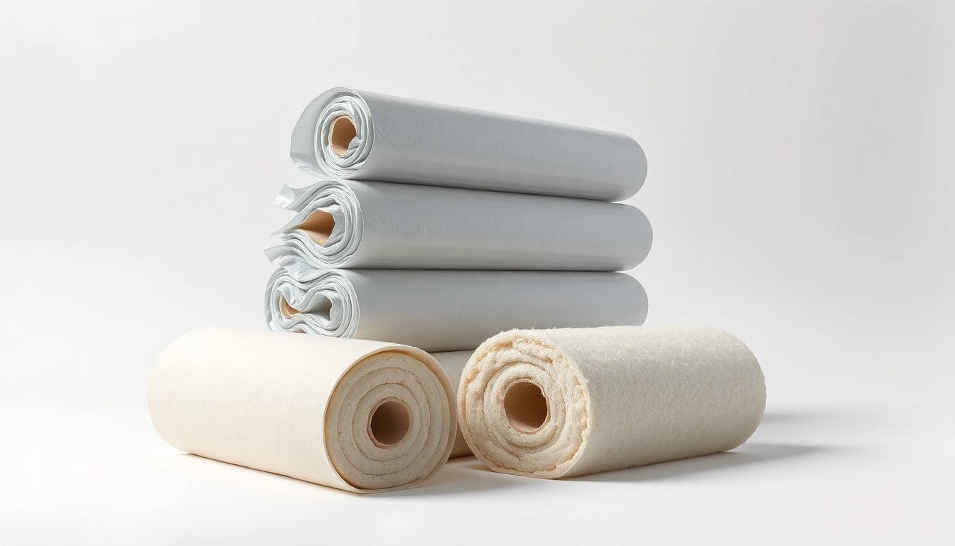 A high-end, photorealistic studio still-life photograph featuring a stack of Prodex Total insulation rolls and a single roll of mineral wool insulation, arranged elegantly on a clean, white background and lit with dramatic studio lighting to conceptually represent the performance differences between the two insulation materials.