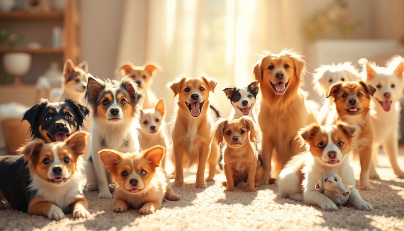 An abstract, impressionistic photograph showing the blurred silhouettes of several different pets playing together in a warm, sunlit setting, conveying a sense of joy and community.