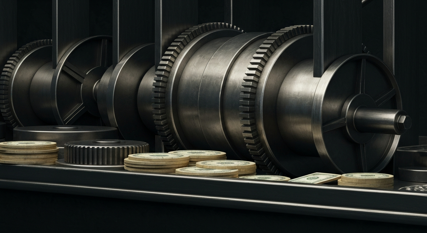 A highly detailed, black-and-white close-up image of the gears, levers, and other mechanical components that make up the backbone of a financial institution, conveying a sense of the complex, industrial nature of modern banking and investing.