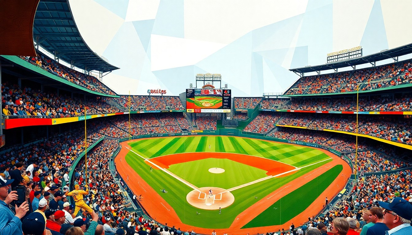 A fragmented, geometric painting in bold colors depicting the action and intensity of a baseball game, with players, field, and crowd elements deconstructed into overlapping planes.