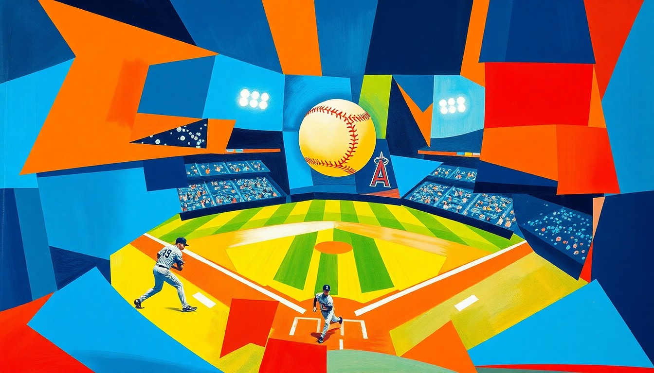 A cubist, geometric painting depicting the dynamic action of a baseball game, with fragmented shapes and planes of bright, vibrant colors representing the players' movements and the ball's trajectory.