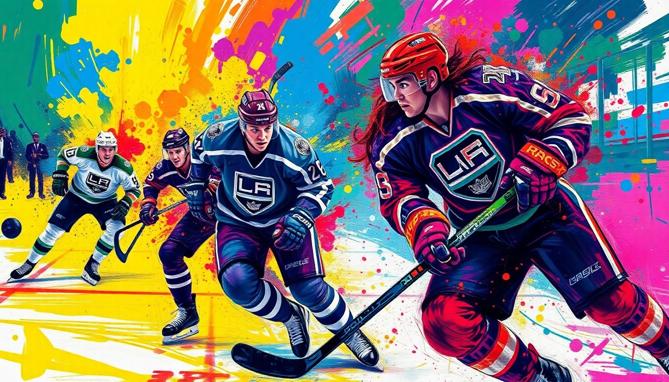 An abstract, expressionist painting featuring vibrant brushstrokes of neon blue, green, and red, capturing the dynamic movement and energy of a high-intensity NHL hockey game.
