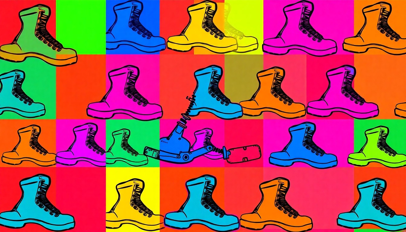 A highly stylized, silkscreen-inspired illustration featuring a repeated pattern of a single iconic Colorado Springs outdoor recreation item, such as a hiking boot or mountain bike, rendered in a bold, neon color palette with heavy black outlines, conceptually representing the city's appeal for active, nature-loving residents.