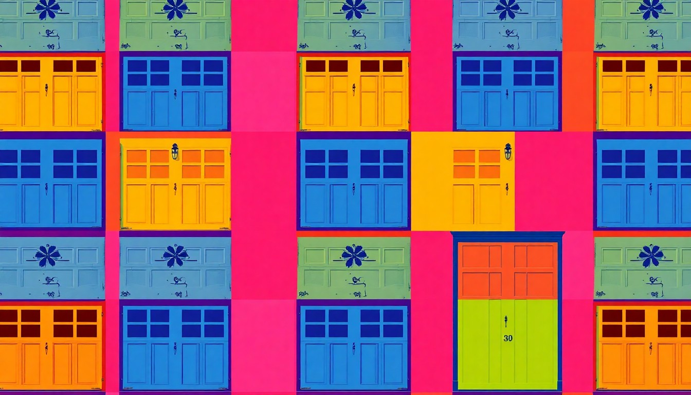 A vibrant, high-contrast silkscreen print featuring a repeating pattern of a luxury home's garage door in bold, neon-inspired colors, conceptually representing the modern aesthetic of the Vineyard Creek development.