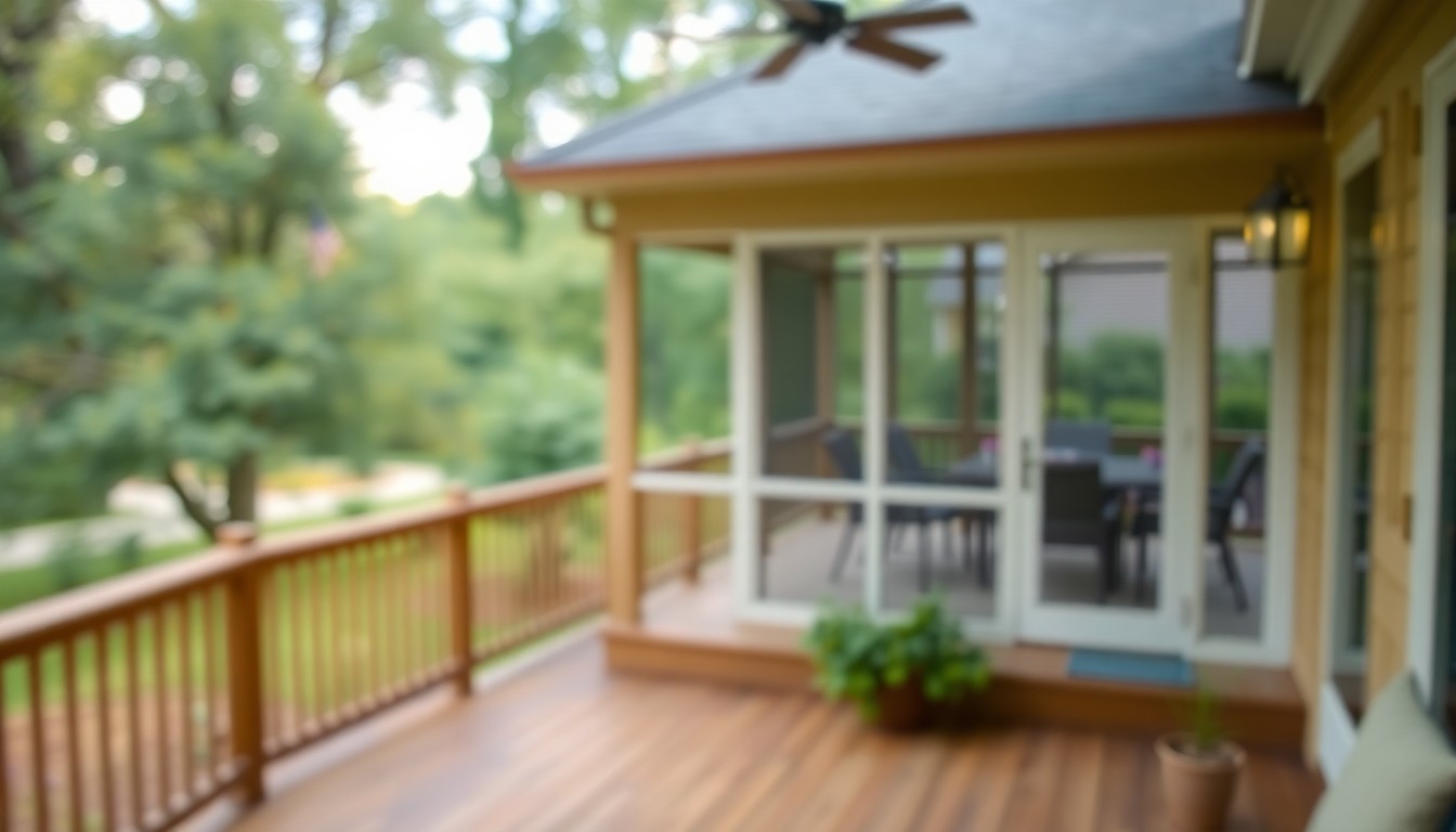 A softly blurred, dreamlike photograph in warm, earthy tones showing the backyard of a home with a wooden deck and screened porch, conveying a sense of tranquility and potential for the property.