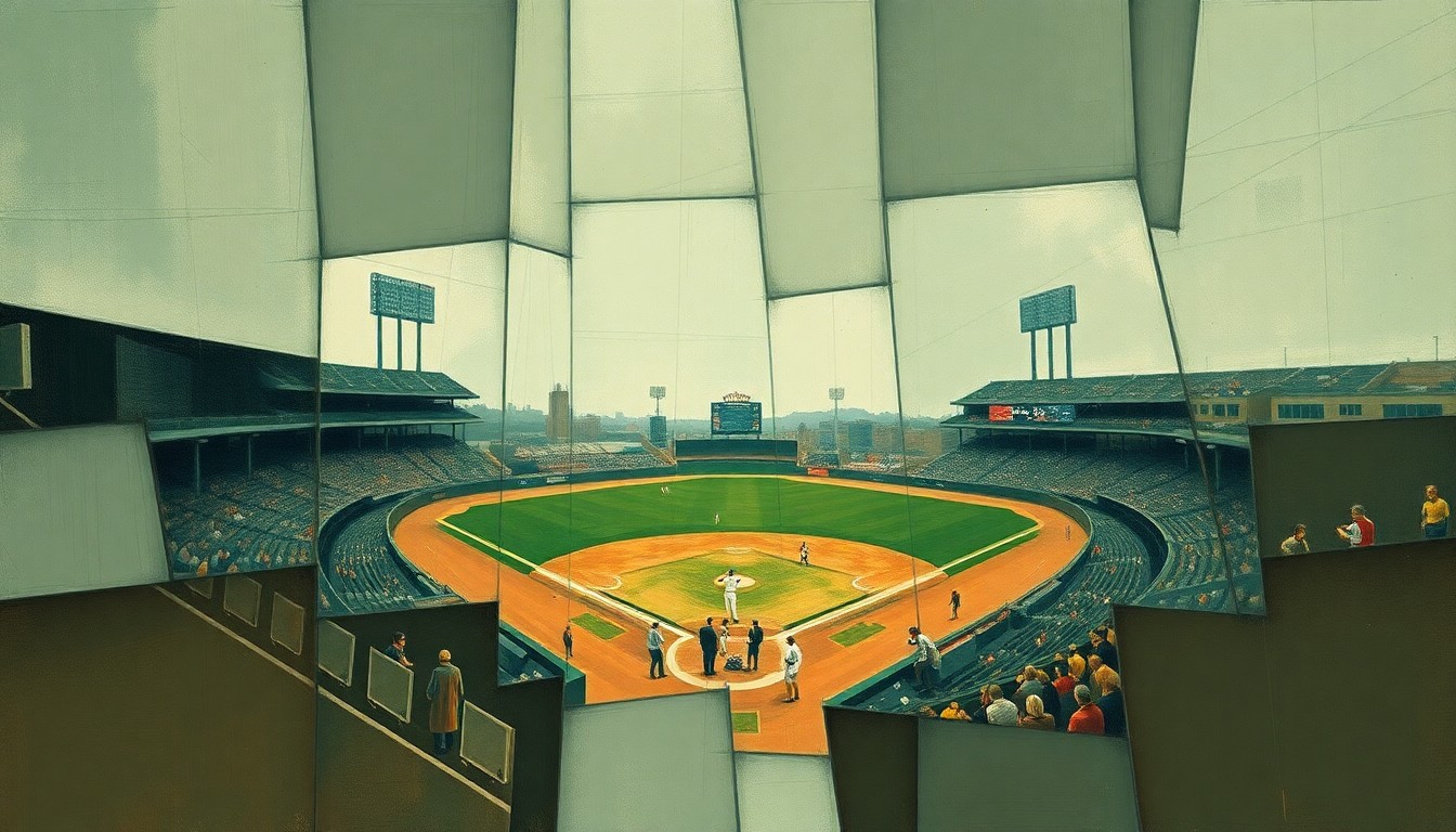 A cubist, geometric painting depicting a fragmented baseball game, with overlapping planes of muted green, brown, and gray tones conveying the emotional tension of a team struggling through a losing streak.