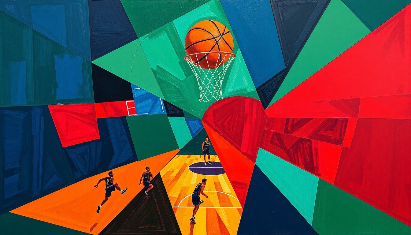 A fractured, geometric painting in bold colors depicting the action and energy of a basketball game, with players and the court broken down into sharp, overlapping planes, conveying the intensity of the Pelicans' coaching search.