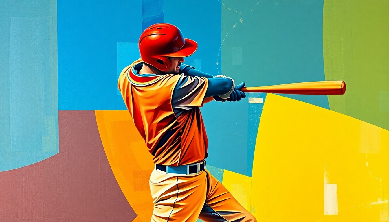 A cubist-style painting depicting a baseball player in mid-swing, with the action broken down into sharp, overlapping geometric shapes in a vibrant color palette, conceptually representing the explosive energy of a home run.