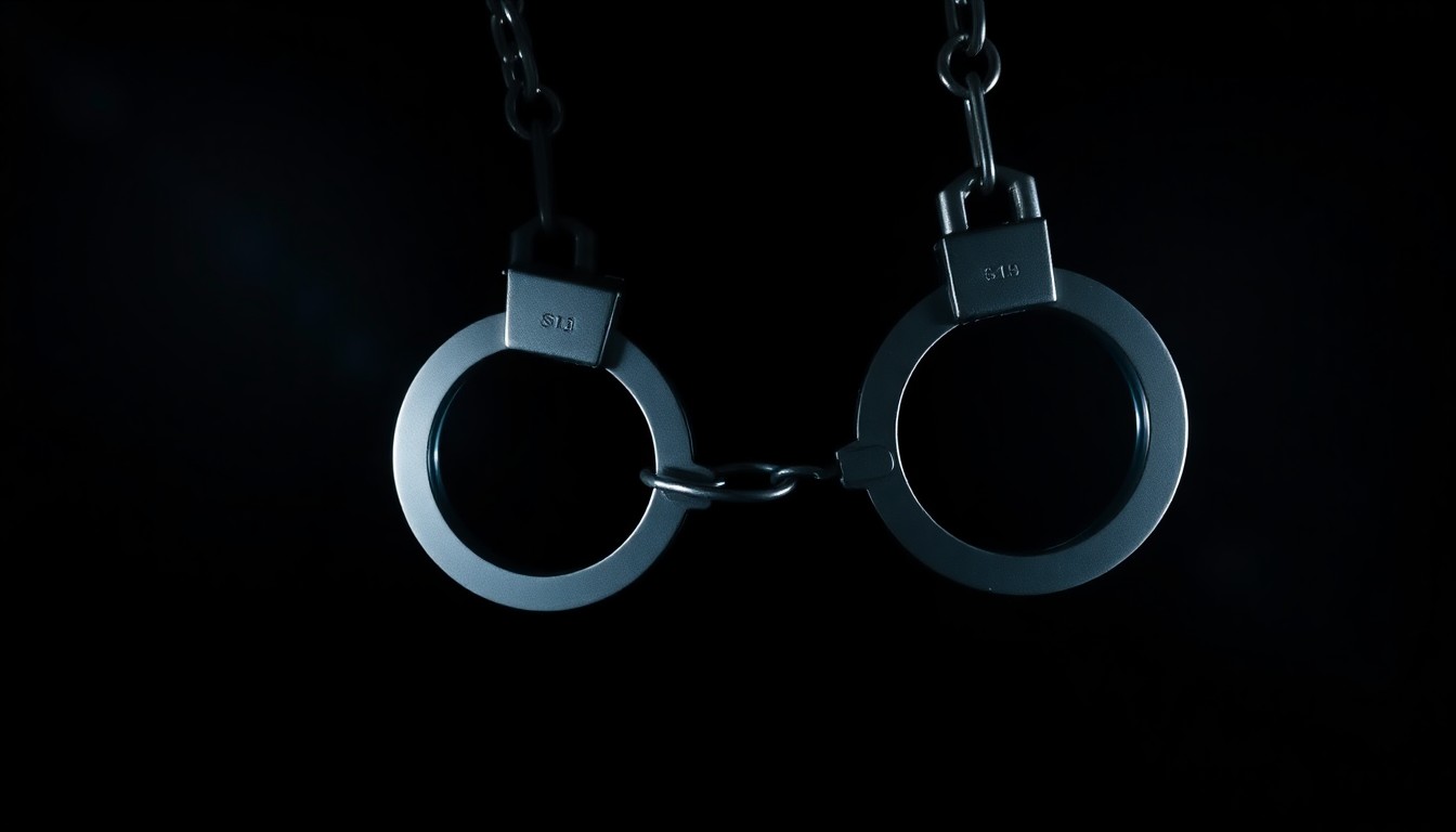An extreme close-up photograph of a pair of handcuffs against a pitch-black background, the metal reflecting the harsh, direct light of the camera flash, creating a stark, dramatic visual metaphor for the abuse of power.