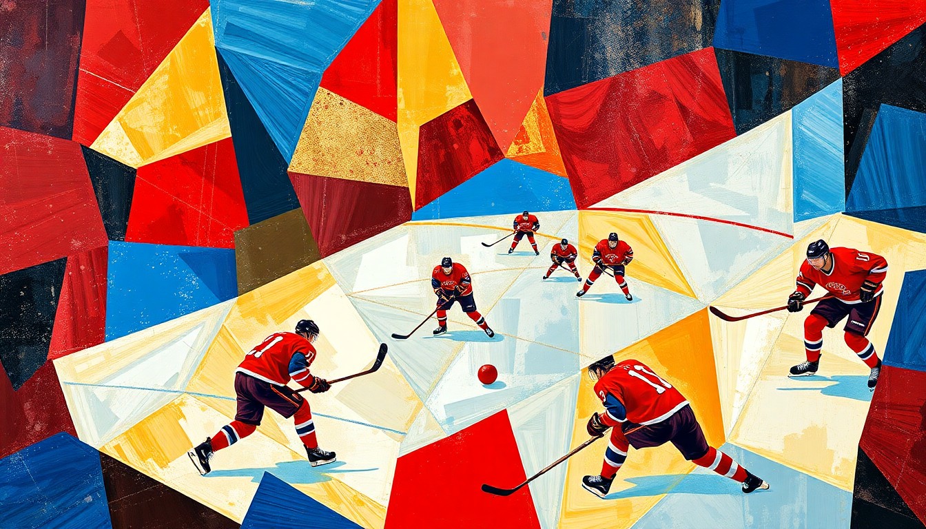 A fractured, multi-perspective painting in the style of Pablo Picasso, breaking down a hockey game into sharp, overlapping geometric planes of red, blue, and gold. The players' forms are abstracted into angular, intersecting shapes, creating a dynamic, energetic composition.