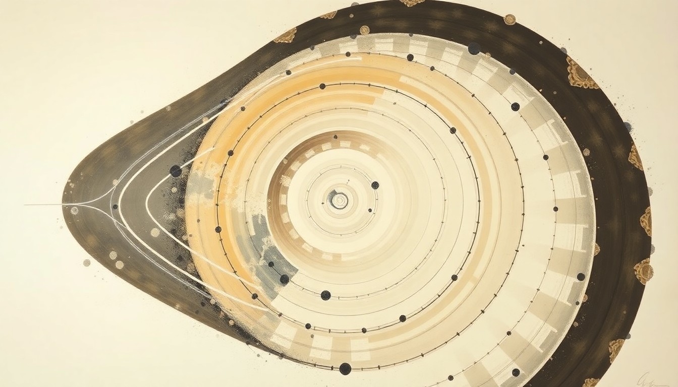 A highly textured, abstract painting in earthy tones featuring sweeping geometric arcs, concentric circles, and precise spirals, conceptually representing the complex forces and engineering feats behind the Apollo program's moon landings.