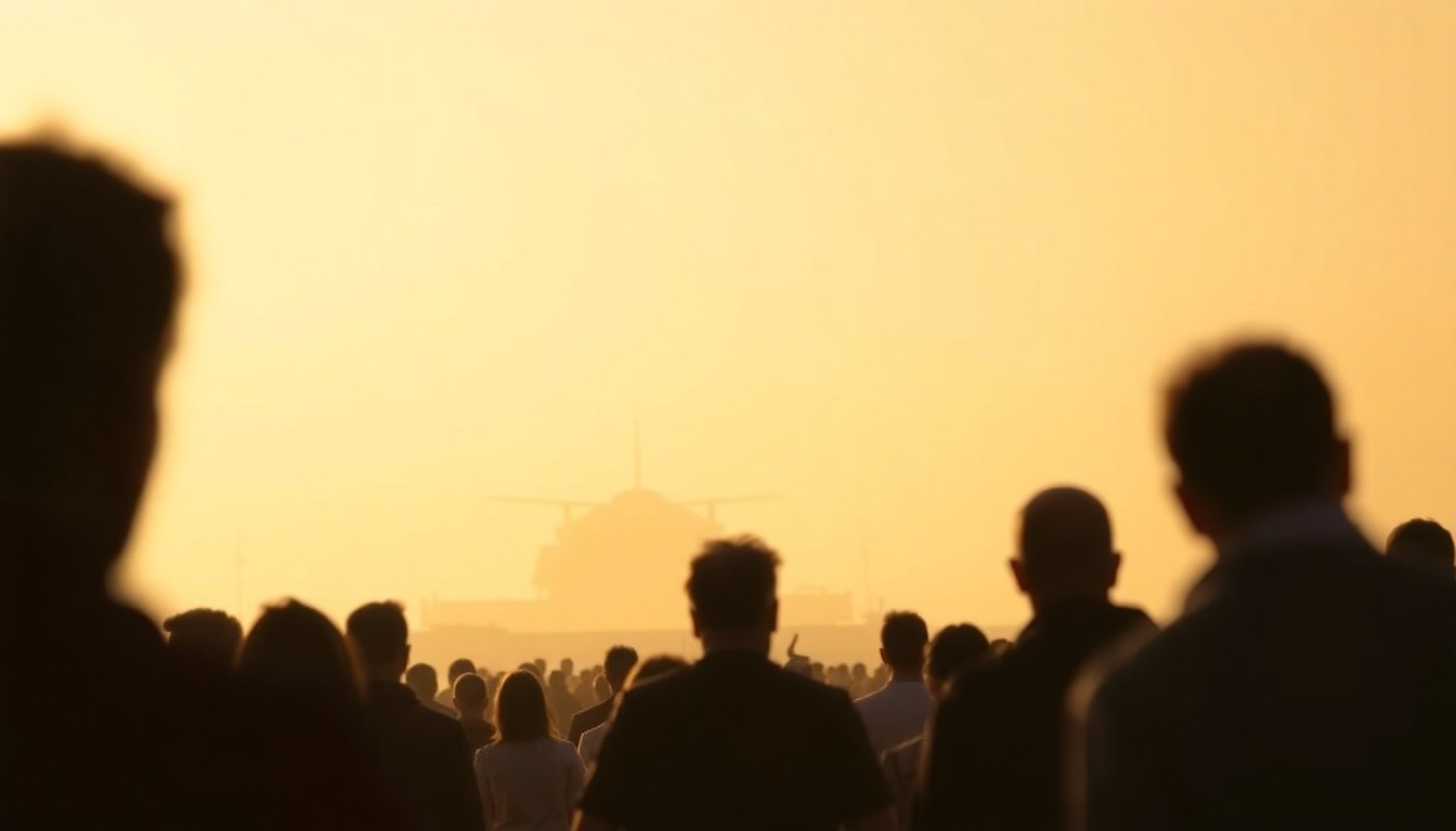 An abstract, out-of-focus photograph in warm, hazy tones depicting a crowd of people watching an airshow, with the faint silhouettes of aircraft in the background, conceptually representing the celebratory atmosphere of the community event.