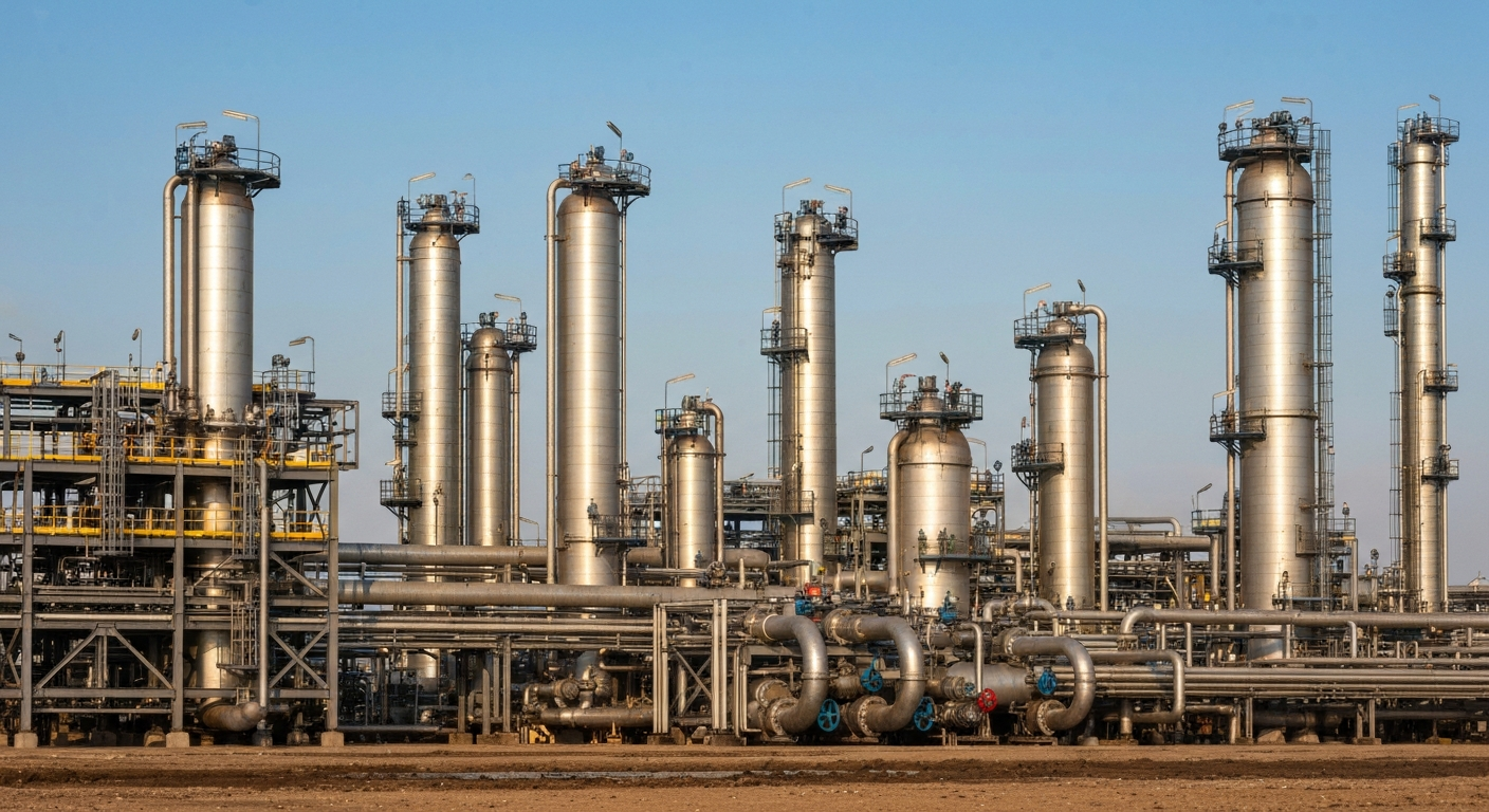 An extreme close-up of industrial oil refinery equipment and machinery, conveying the complex, high-stakes mechanics of the global energy industry without using any text or symbols.