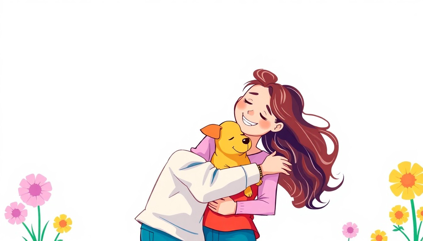 A vibrant, colorful illustration depicting a couple embracing, with a dog in the background, all rendered in a playful, expressive style, capturing the joy and warmth of a personal celebration.