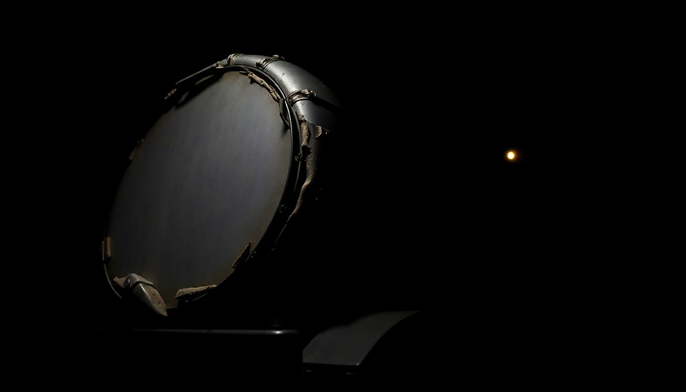 An extreme close-up photograph of a damaged semi-truck fuel tank or engine component, capturing the stark, gritty details of the incident through dramatic lighting and a minimalist composition.