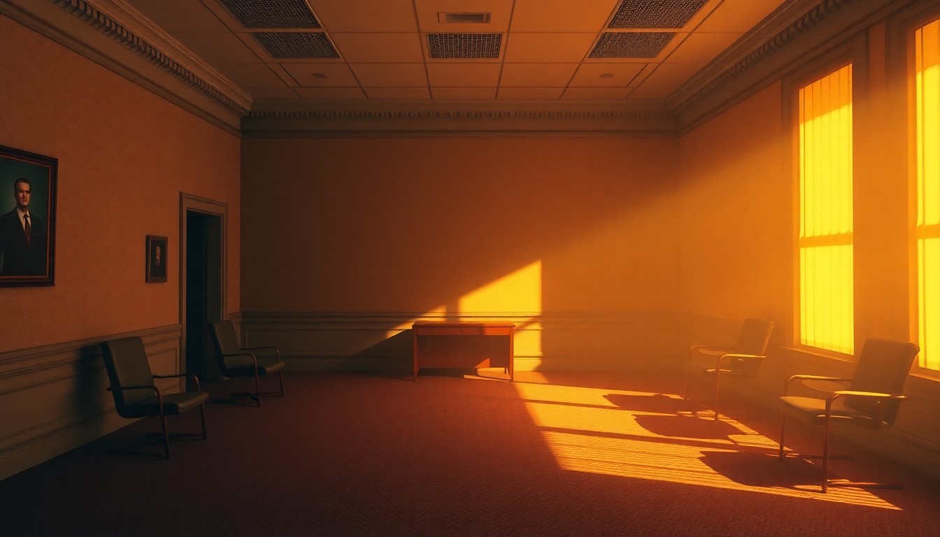 A quiet, cinematic painting of an empty congressional office space, with warm sunlight streaming through the windows and deep shadows casting a pensive mood over the scene, conceptually illustrating the uncertainty and transition surrounding Gonzales' resignation.