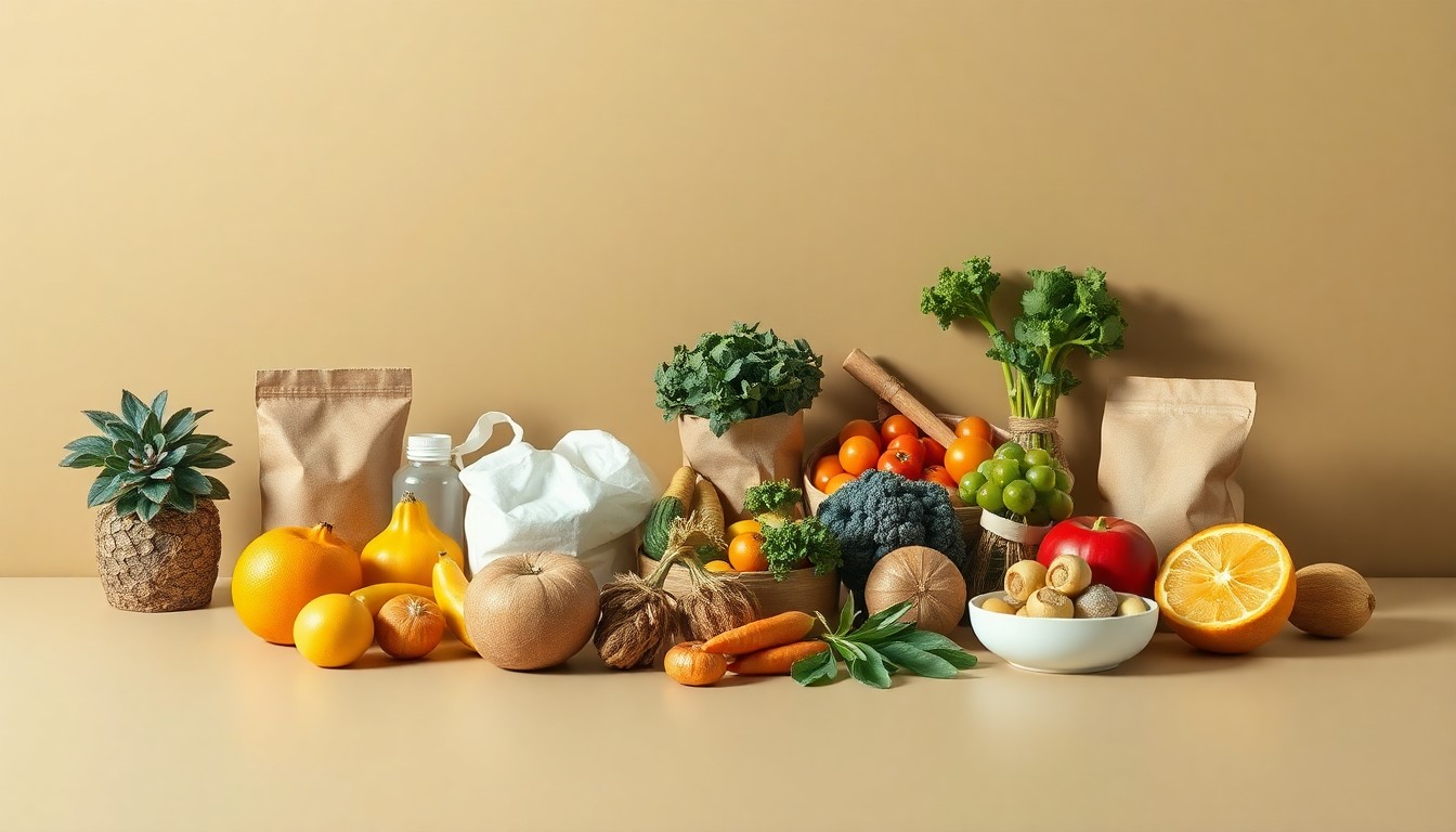 A high-end, photorealistic studio still-life photograph featuring a collection of premium natural and organic grocery items arranged elegantly on a clean, monochromatic seamless background, conceptually representing the community-driven values and longevity of an independent natural food store.