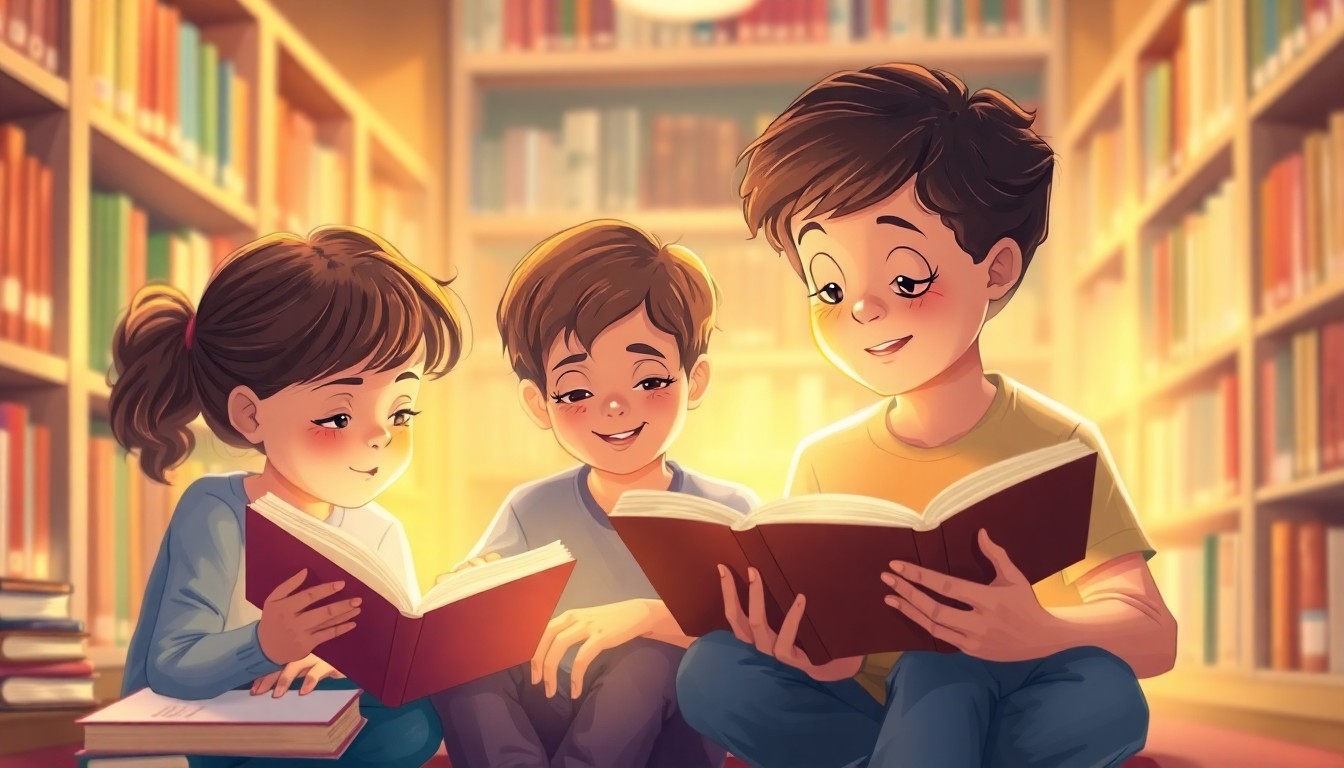 An abstracted, out-of-focus photograph showing the blurred silhouettes of children reading books together in a cozy library setting, conveying a sense of wonder and discovery through the power of literature.