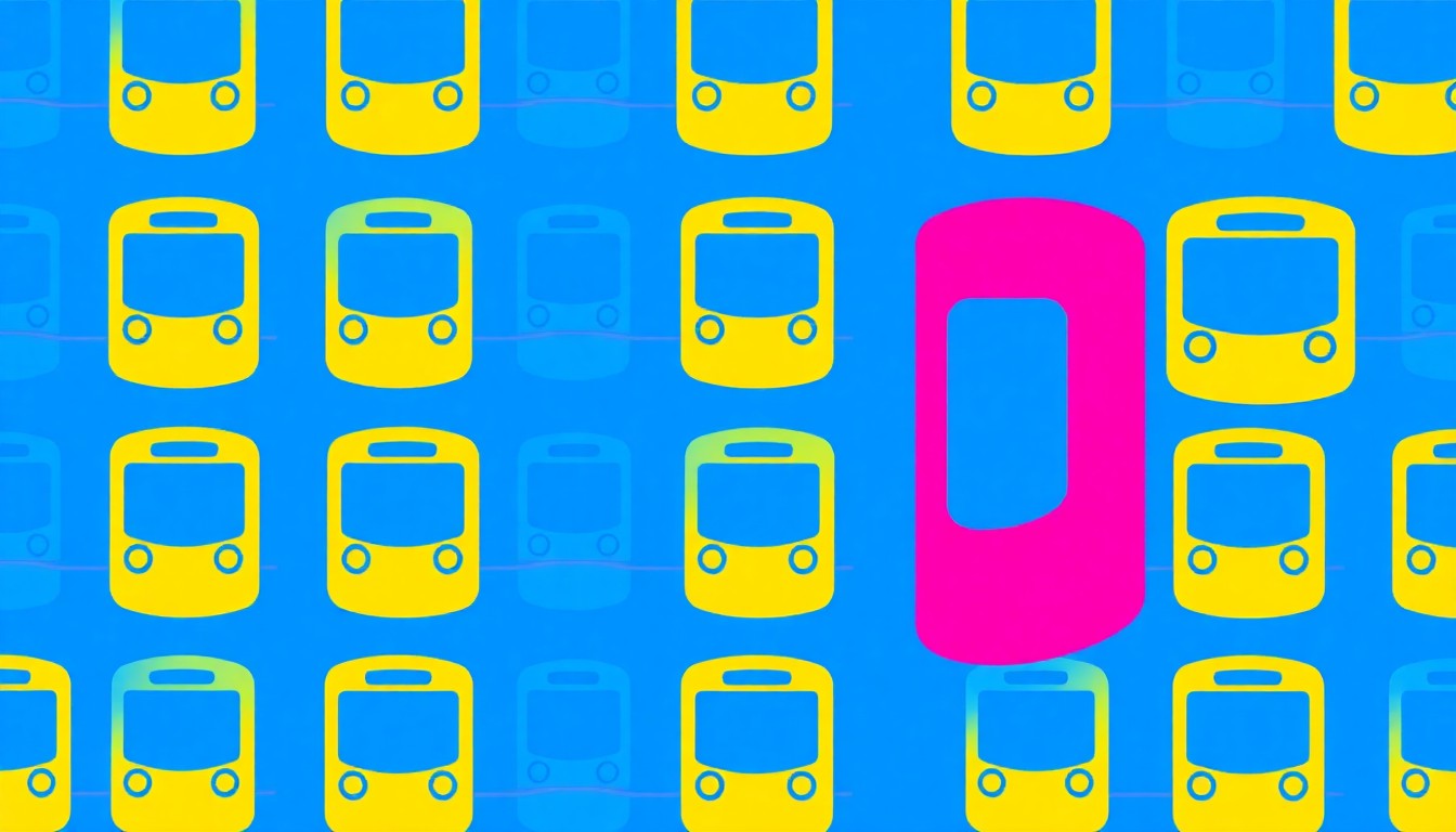 A repeating grid of stylized light rail train icons in bright neon colors, conceptually representing the redevelopment of a transit station parking lot into a new mixed-use neighborhood.