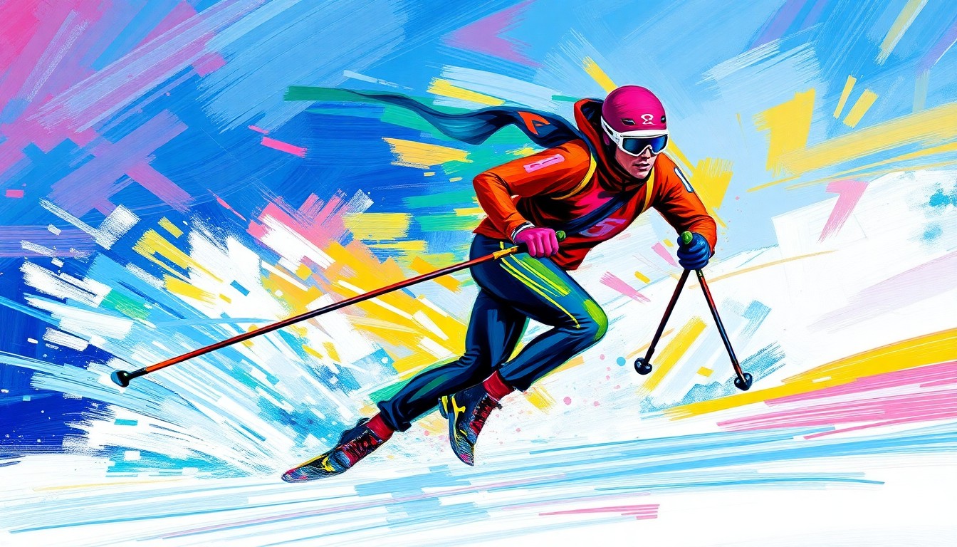 An abstract, energetic painting using bold brushstrokes and neon colors to depict the dynamic motion of a Nordic skier racing through a snowy landscape.