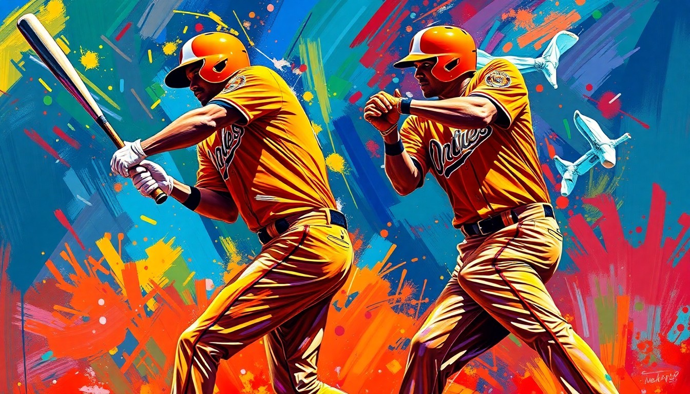 An abstract, energetic painting featuring bold, neon-colored brushstrokes that capture the powerful baseball swings and raw athletic energy of the Orioles' comeback win.