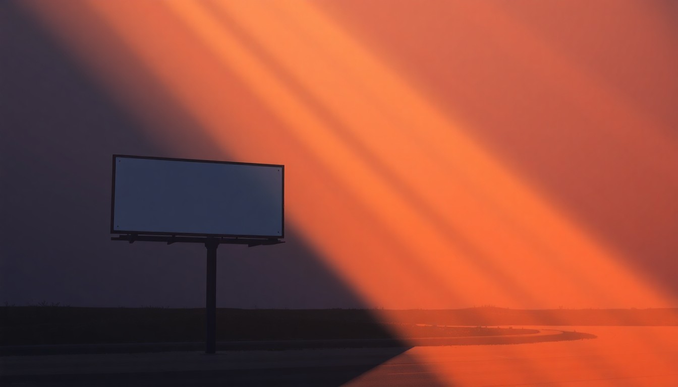 A cinematic painting of a solitary political campaign sign or billboard, bathed in warm, diagonal sunlight and deep shadows, conceptually representing the uncertainty and speculation surrounding the unknown challenger in this congressional race.