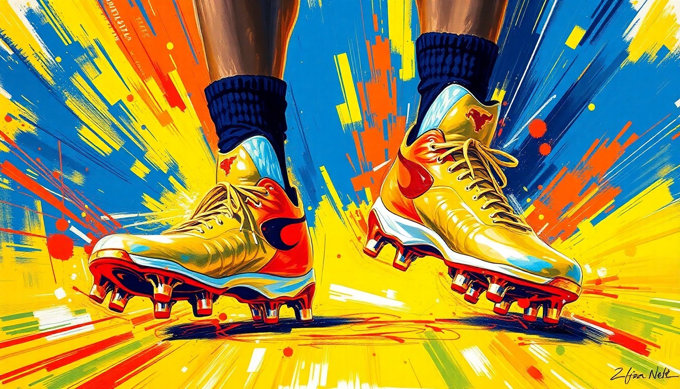 An extreme close-up of a pair of baseball cleats, the vibrant colors and expressive brushstrokes conveying the raw emotion and energy of a player honoring his late parents through his equipment.