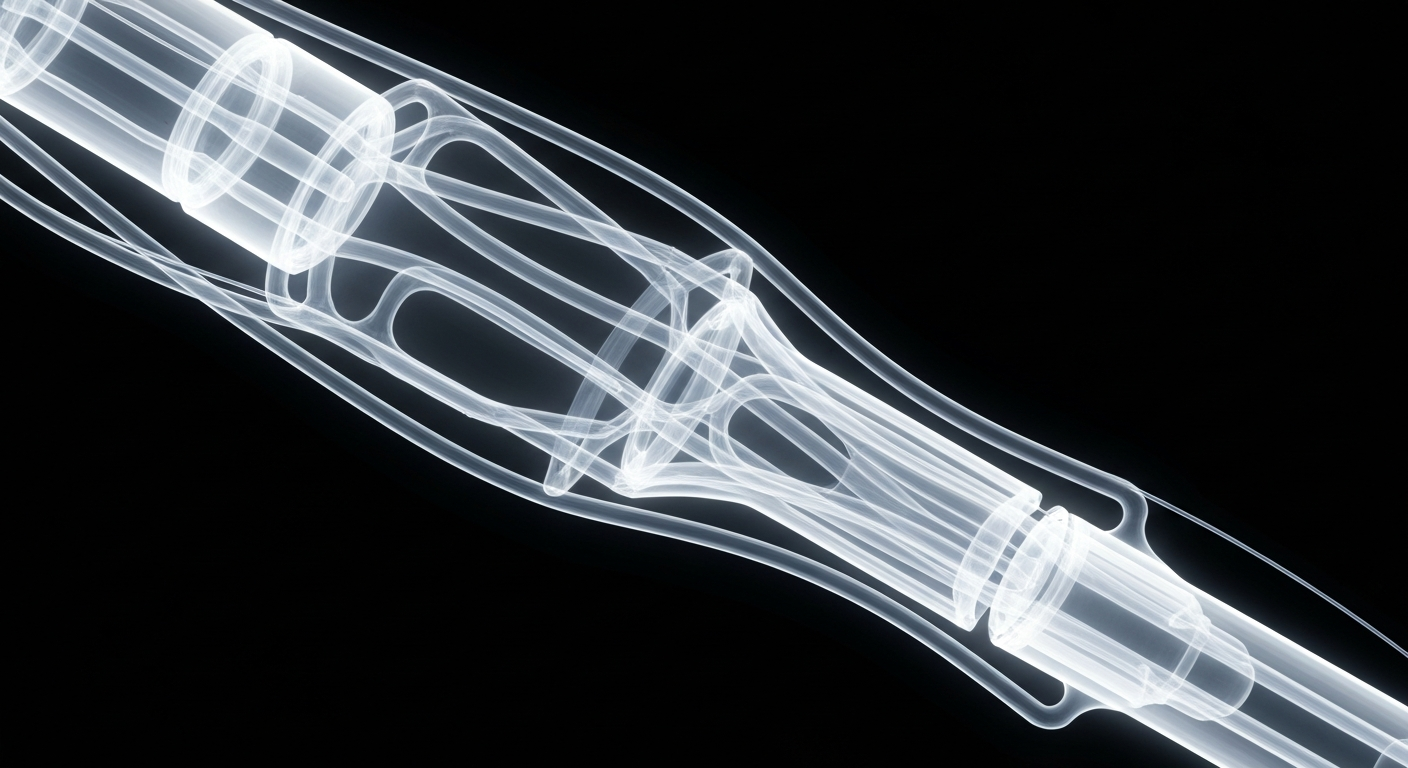 An extreme close-up, translucent X-ray image of a 6F neurovascular catheter, with its intricate internal structure visible as glowing, ghostly lines against a dark background, conceptually illustrating the advanced engineering and technical expertise behind this innovative medical device.
