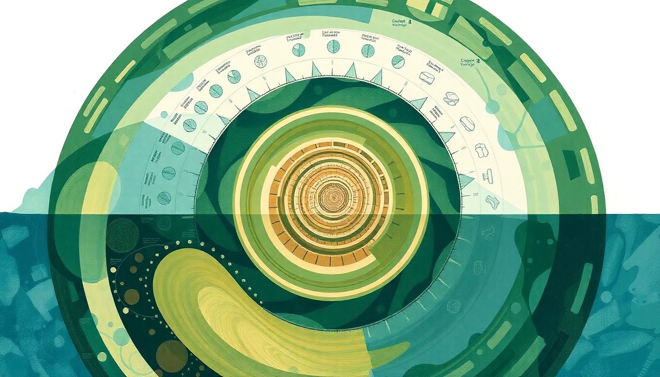 A highly textured, abstract painting in earthy tones of green, blue, and brown, featuring sweeping geometric shapes and precise botanical spirals that conceptually represent the complex water cycle and purification process of Carpinteria's new recycling facility.