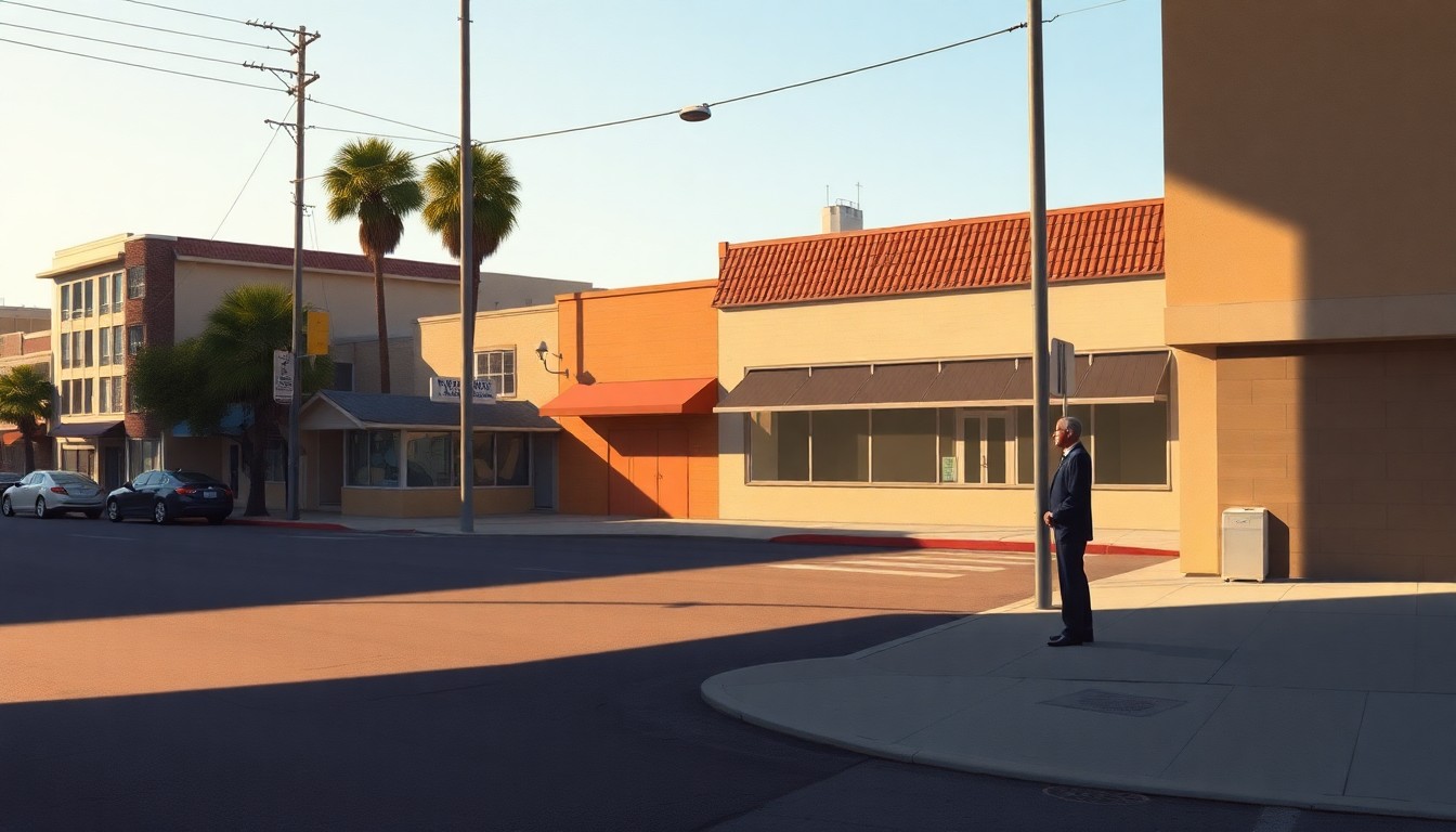 A solitary figure of a politician, possibly a mayor, standing alone on a quiet, sunlit street corner in a coastal California city, with warm, diagonal shadows and muted colors, conceptually representing the transition of political power in Santa Barbara.
